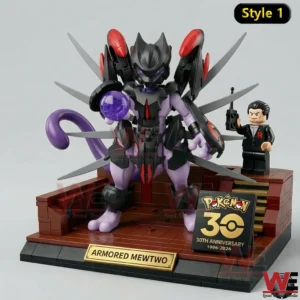 Armored Mewtwo figure standing on a display base with anniversary sign!