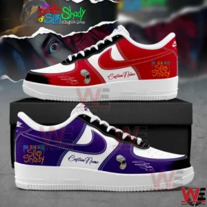 Two custom Nike Air Force 1 shoes in red and white and purple and white with The Death of Slim Shady themed text and custom name detail!