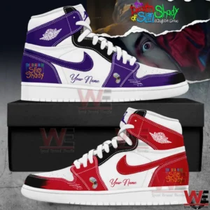 Two custom high top sneakers in purple white black and red white black with Slim Shady themed text and a Your Name personalization area!