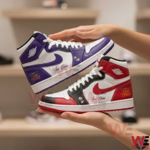 Eminem The Slim Shady LP and The Death of Slim Shady Collection Custom Name Air Jordan High Shoes 3 Hands holding two custom high top sneakers one purple white and one red white with Slim Shady themed graphics and a personalized name section!