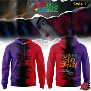 Red and purple split hoodie with The Death Of Slim Shady graphic shown front and back!