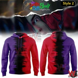 Eminem The Slim Shady LP and The Death of Slim Shady Collection Hoodie 5 Front and back views of a red and purple split hoodie with a dark center fade!