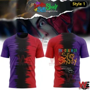 Front and back view of a purple red and black split dye t shirt with The Death Of Slim Shady text on the back!