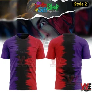 Eminem The Slim Shady LP and The Death of Slim Shady Collection Shirt 5 Front and back view of a purple red and black split dye t shirt with a plain back design!