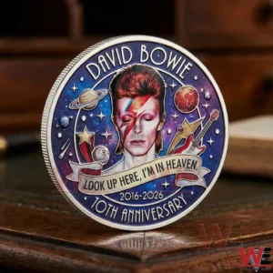 Commemorative David Bowie coin with colorful space themed artwork and portrait design!