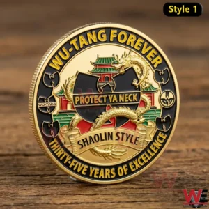 Gold Wu Tang tribute coin with martial arts symbols and ornate design!