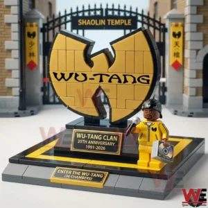 Brick built Wu Tang logo display with a small figure holding a microphone on a themed base!