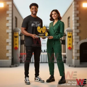 Two people holding a Wu Tang themed brick display in front of a temple style background!