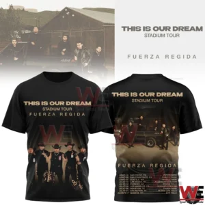 Black Fuerza Regida stadium tour shirt with band photo and tour dates on back!