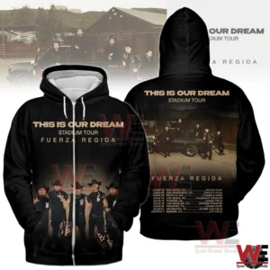 Black Fuerza Regida stadium tour hoodie with band image and tour schedule on back!