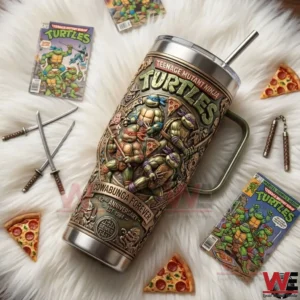 Teenage Mutant Ninja Turtles tumbler surrounded by comics and pizza slices