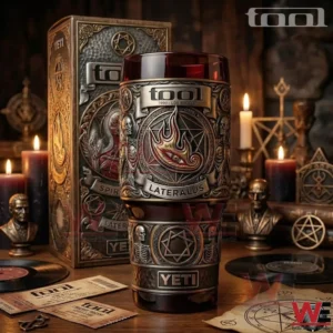 Artistic beer glass with Tool Lateralus inspired design displayed with decorative box and candles!