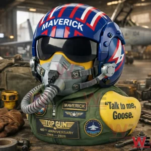 Maverick pilot duck with helmet and oxygen mask on a workshop table!