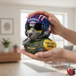 Hands holding a Maverick pilot duck with helmet and oxygen mask!