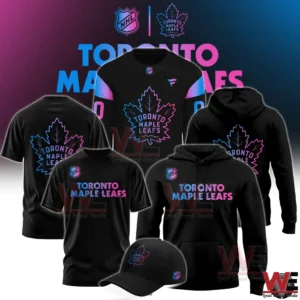 Toronto Maple Leafs black apparel set with neon logo including jersey tshirt hoodie and cap!