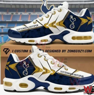 Tottenham Hotspur themed sneakers in navy white and gold displayed on a shoe box!