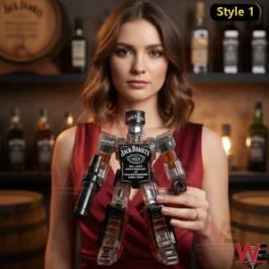 Woman holding a robot made from whisky bottles in a stylish bar!