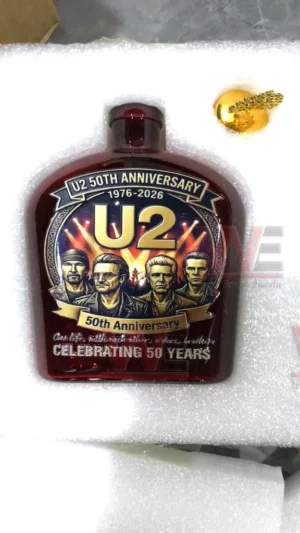 Commemorative U2 fiftieth anniversary bottle with illustrated band members on the label!