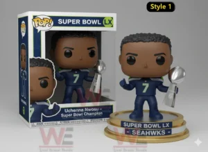 Seattle Seahawks Super Bowl LX champion figure holding a trophy on a display base!