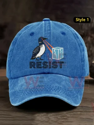 Blue baseball cap with resist text and bird graphic on the front!