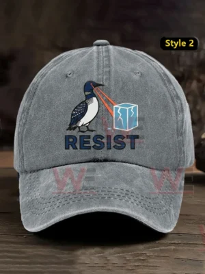Gray baseball cap with resist text and bird graphic on the front!