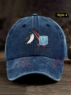 Dark blue baseball cap with resist text and bird graphic on the front!