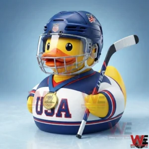 Rubber duck in USA hockey gear with helmet medal and hockey stick!