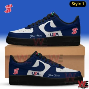 Blue and white USA themed custom sneakers with personalized name detail displayed on a box!