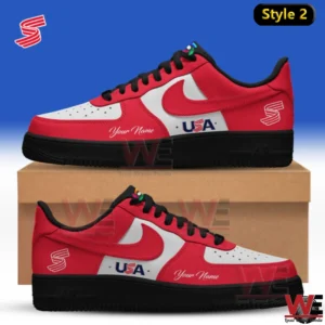 Red and white USA themed custom sneakers with personalized name detail displayed on a box!