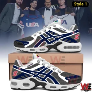 Blue and white USA themed athletic sneaker with air cushion sole displayed in front of baseball players holding USA jerseys!