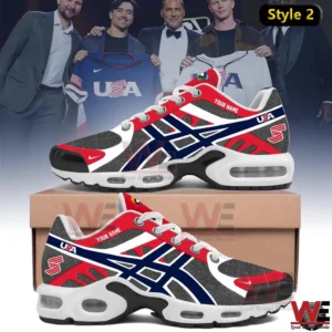 Red and white USA themed athletic sneaker with air cushion sole shown in front of baseball players holding USA jerseys!