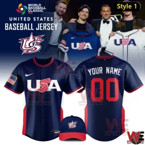 Navy blue United States Baseball Jersey 2026 with USA logo on front and customizable name and number on back plus matching cap.