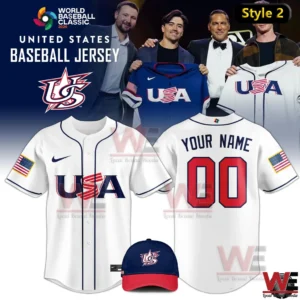White United States Baseball Jersey 2026 with USA logo on front and custom name and number on back with matching cap.