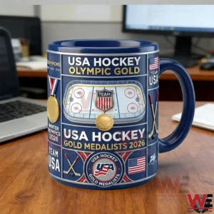 Blue USA Hockey Olympic Gold 2026 themed mug on an office desk!
