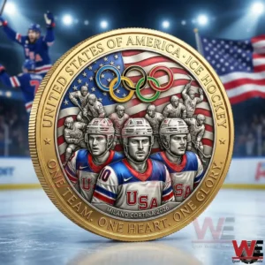 Gold USA ice hockey Olympic style challenge coin with players American flag and Olympic rings!