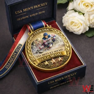 Team USA mens ice hockey gold medal style keepsake in a display box with ribbon and white roses!