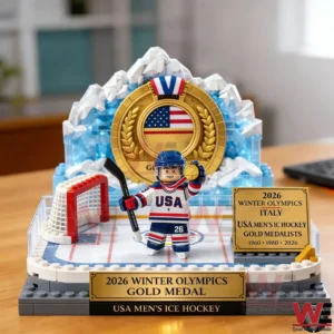 Building brick display of a USA ice hockey player on a mini rink with a gold medal backdrop!