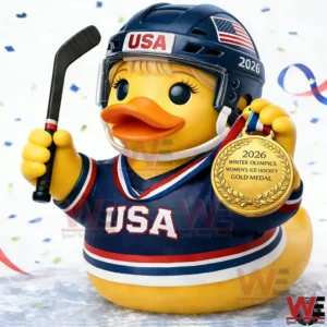 Rubber duck in team USA ice hockey gear holding a stick and a gold medal!