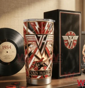 Van Halen themed stainless tumbler with vinyl record and gift box