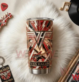 Van Halen 1984 Album Record Tumbler 5 Van Halen stainless tumbler on soft background with music accessories