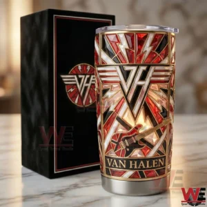 Van Halen 1984 Album Record Tumbler 6 Van Halen tumbler standing beside black gift box