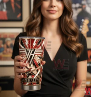 Van Halen 1984 Album Record Tumbler 7 Woman holding Van Halen stainless tumbler indoors