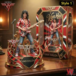 Rock guitarist figure holding electric guitar on decorative stage base!