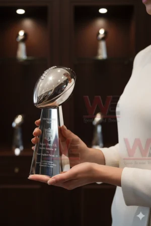 Woman holding Vince Lombardi Trophy in elegant display room.
