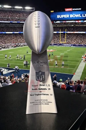 Vince Lombardi Trophy displayed in front of crowded Super Bowl stadium.