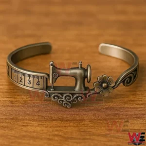 Vintage sewing machine shaped cuff bracelet with measuring tape design on a wooden surface!