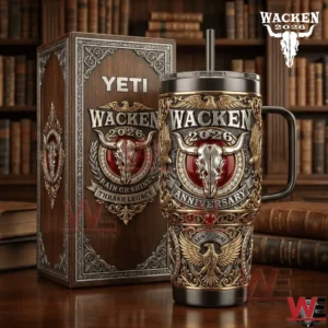 Metal style Wacken anniversary tumbler with ornate skull emblem and sturdy handle!