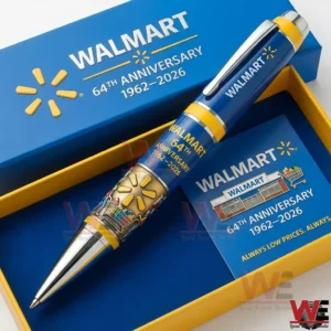 Walmart anniversary commemorative pen displayed in a blue and yellow gift box!