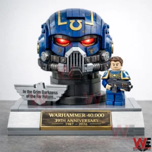 Brick built blue space marine helmet bust with red eyes beside a minifigure on an anniversary display base!