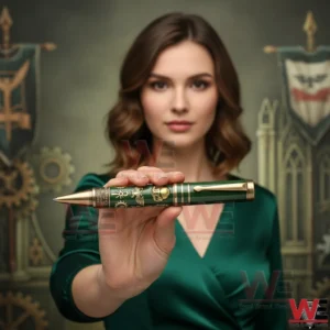 A woman holding a green and gold fantasy style collector pen toward the camera!